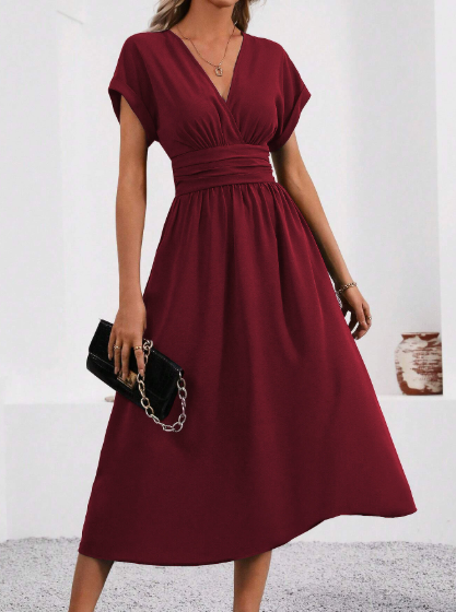 LUCYNDRA | V-NECK PLEATED WAIST MIDI DRESS